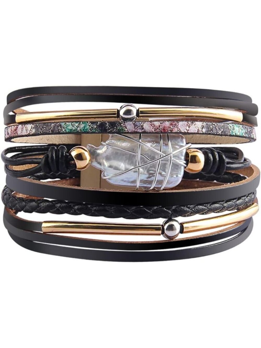 Women's Black Boho Leopard Multi-layer Crystal Beads Cuff Leather Wrap Bracelets